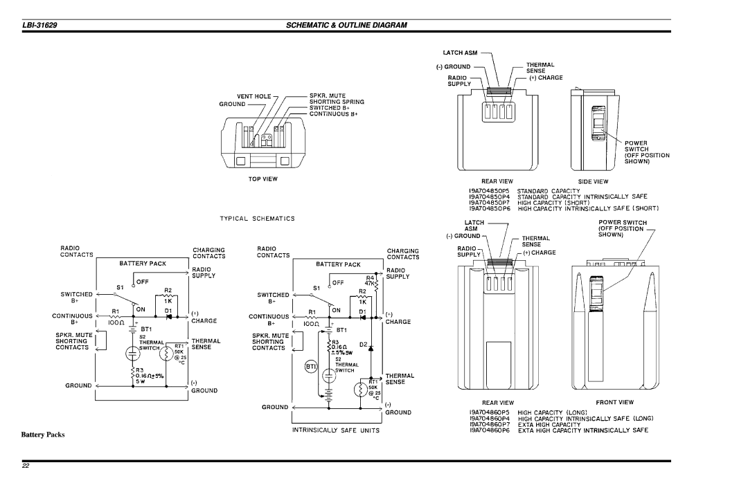 Ericsson LBI-31629B manual Schematic & Outline Diagram, Battery Packs 