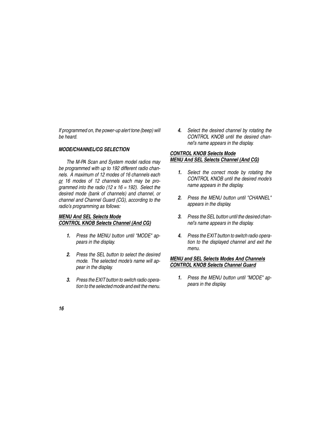 Ericsson LBI-38377E manual MODE/CHANNEL/CG Selection, Press the Menu button until Channel appears in the display 