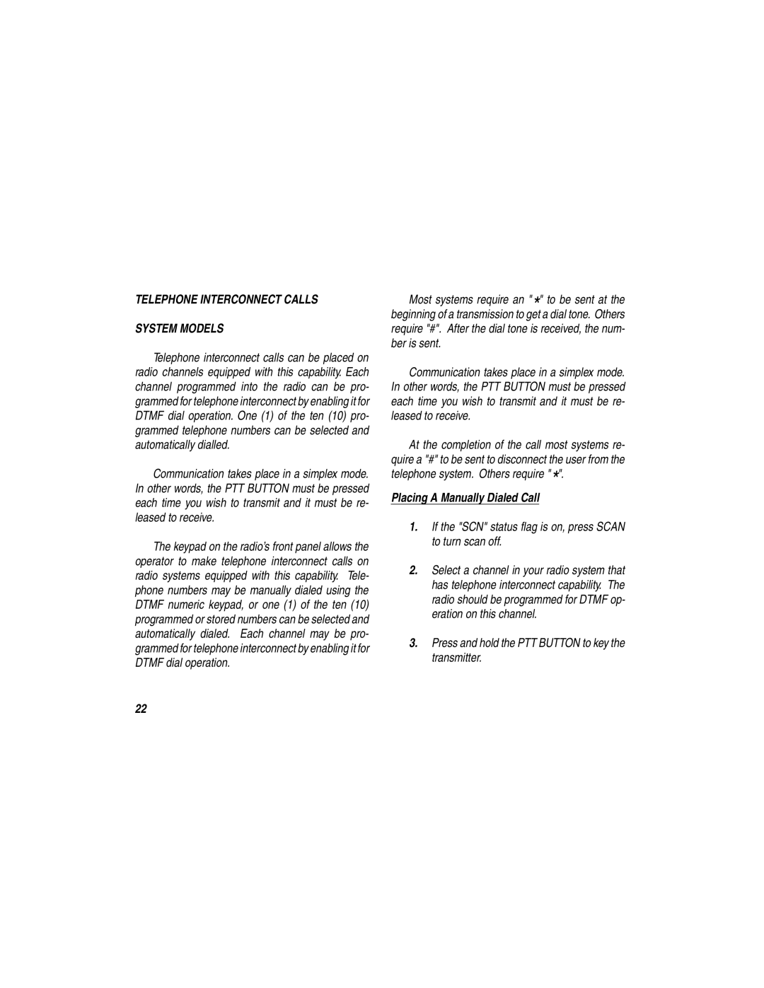 Ericsson LBI-38377E manual Telephone Interconnect Calls System Models, Placing a Manually Dialed Call 