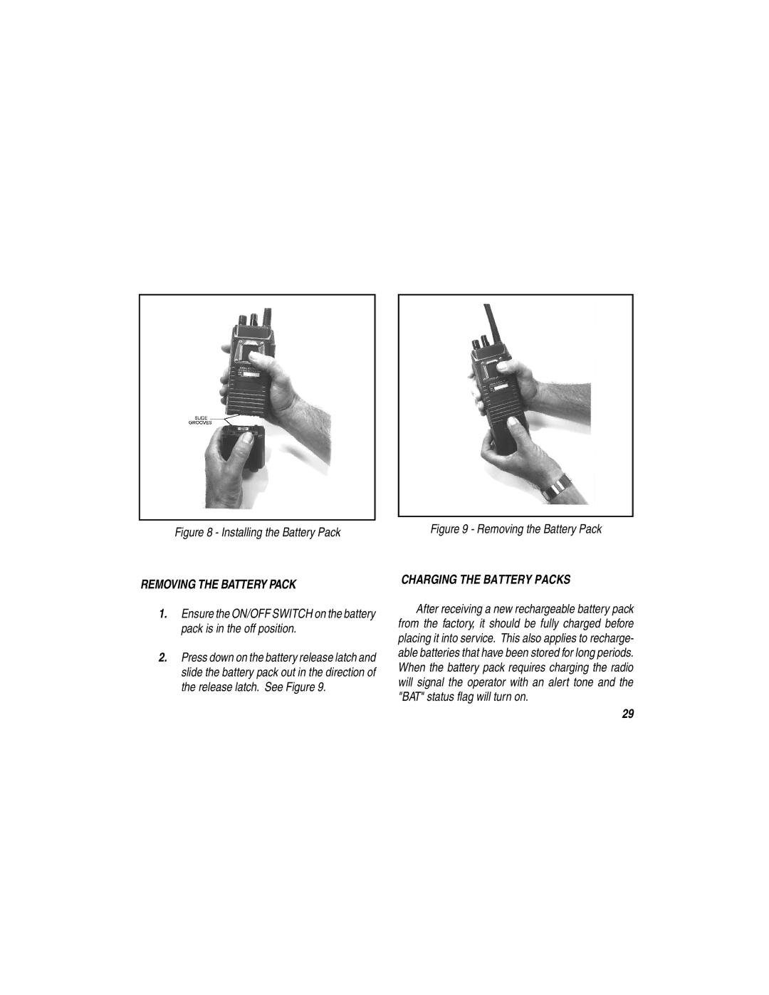 Ericsson LBI-38377E manual Installing the Battery Pack, Removing the Battery Pack 