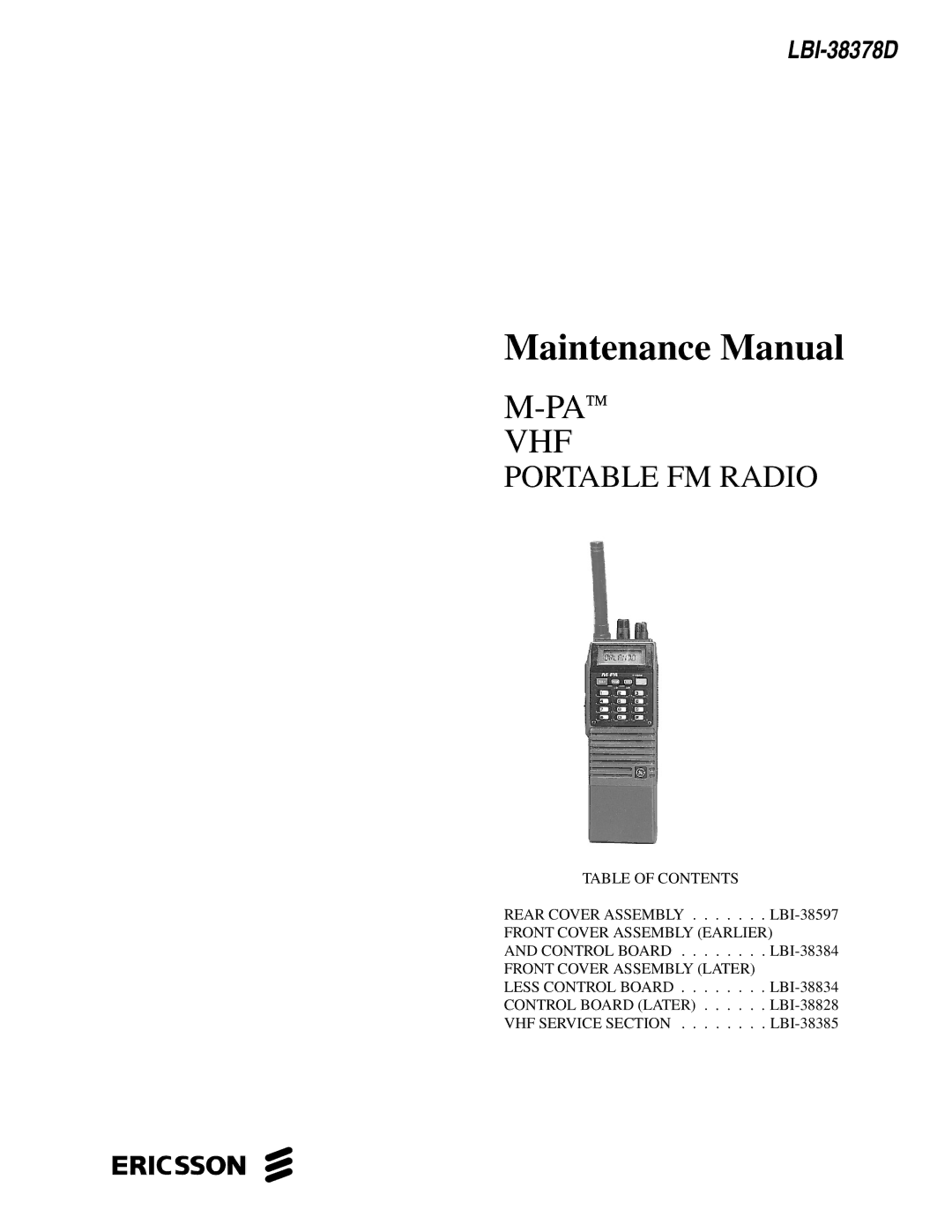 Ericsson LBI-38378D manual Maintenance Manual 