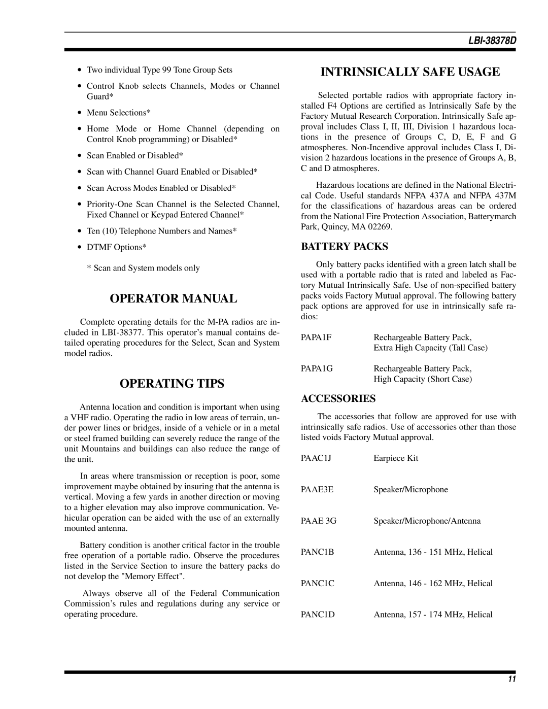 Ericsson LBI-38378D manual Operator Manual, Operating Tips, Intrinsically Safe Usage, Accessories 