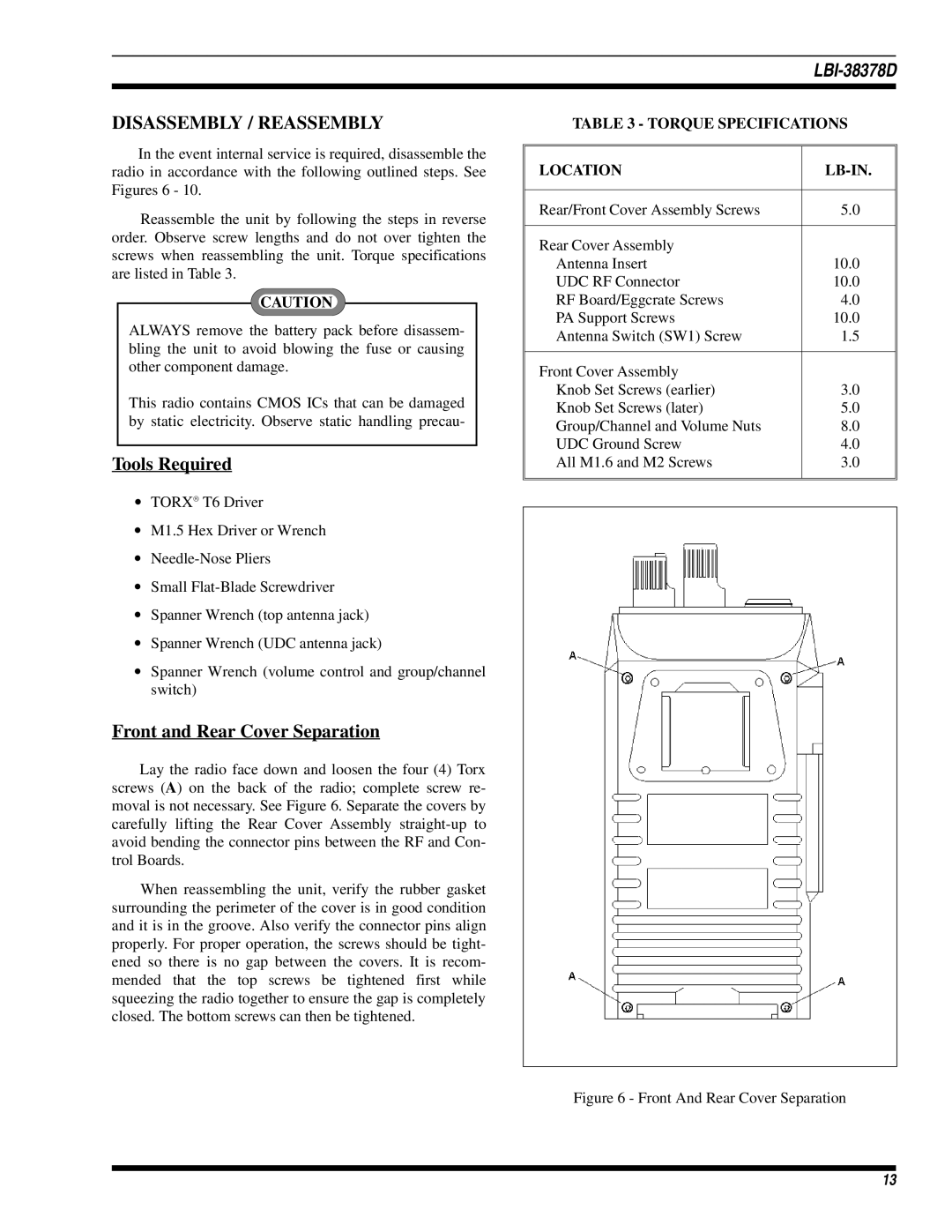 Ericsson LBI-38378D manual Disassembly / Reassembly, Tools Required, Front and Rear Cover Separation 