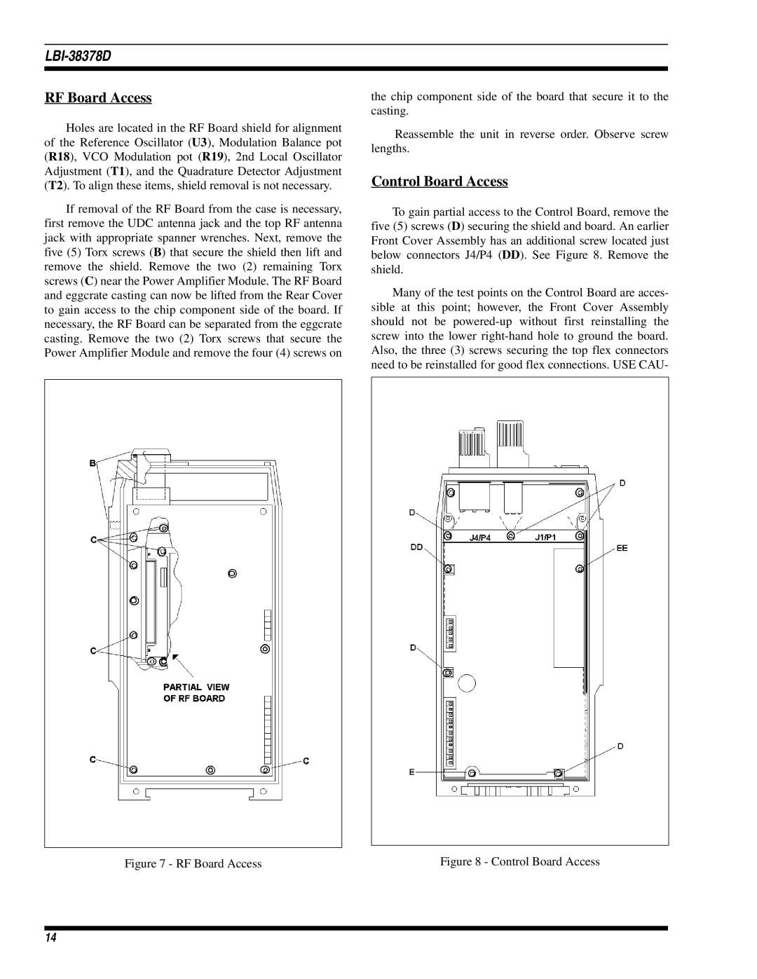 Ericsson LBI-38378D manual RF Board Access, Control Board Access 