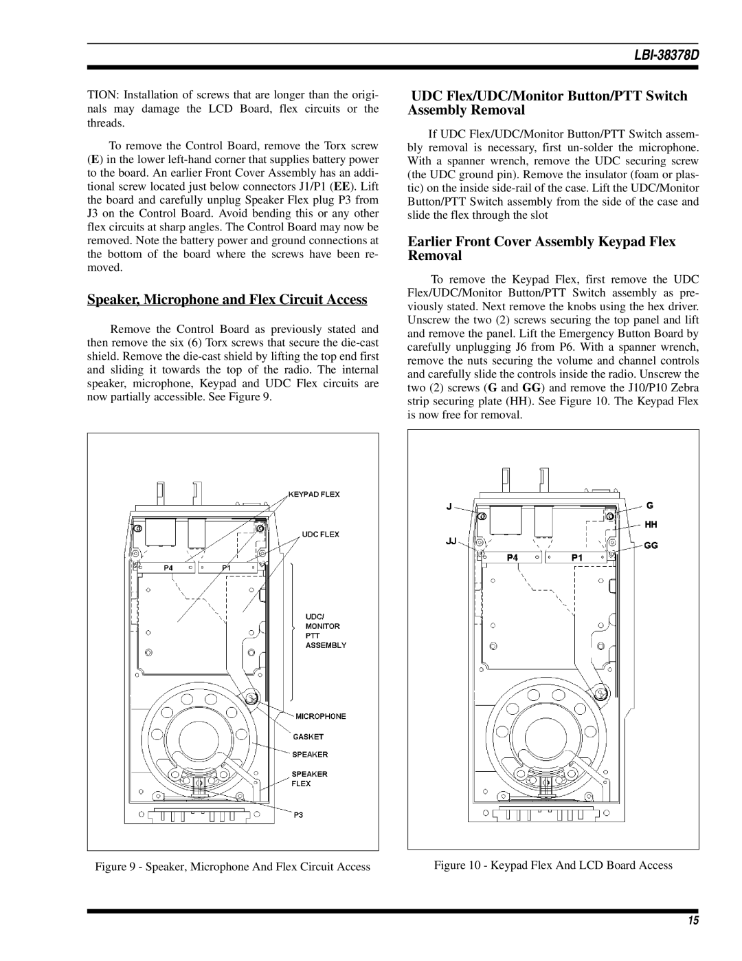 Ericsson LBI-38378D Speaker, Microphone and Flex Circuit Access, UDC Flex/UDC/Monitor Button/PTT Switch Assembly Removal 