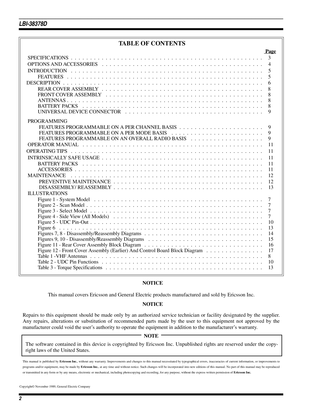 Ericsson LBI-38378D manual Table of Contents 