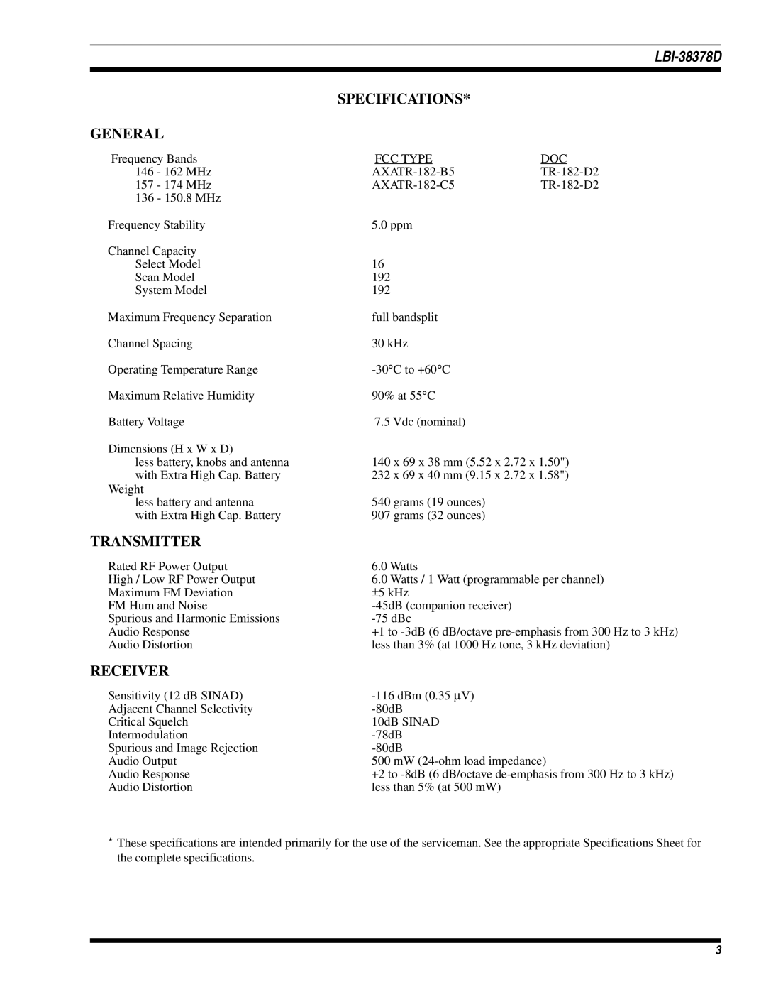 Ericsson LBI-38378D manual General, Specifications, Transmitter, Receiver 