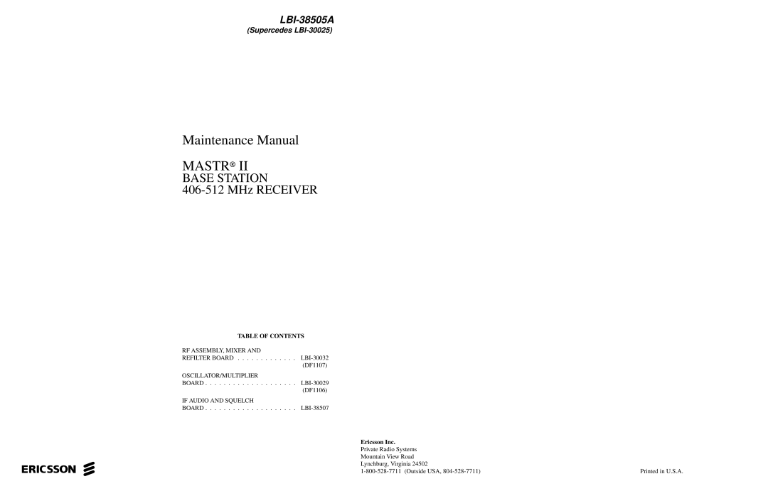 Ericsson LBI-38505A manual Mastr, Table of Contents 