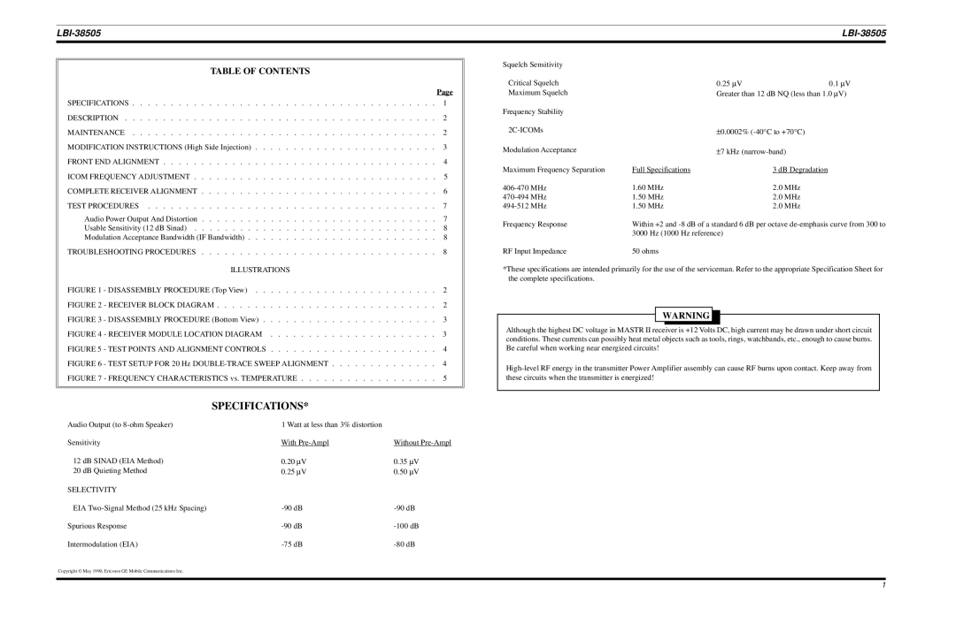 Ericsson LBI-38505A manual Specifications, Table of Contents 