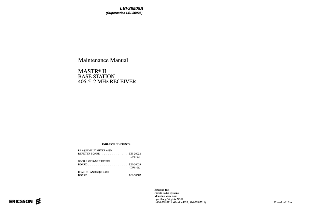 Ericsson LBI-38505A manual Supercedes LBI-30025, Table Of Contents, Ericsson Inc, Maintenance Manual MASTR, ericssonz 