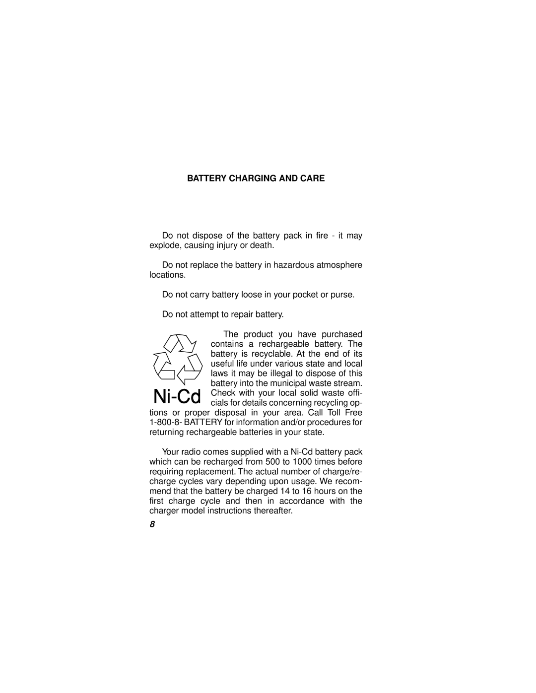 Ericsson LBI-38732D manual Battery Charging and Care 