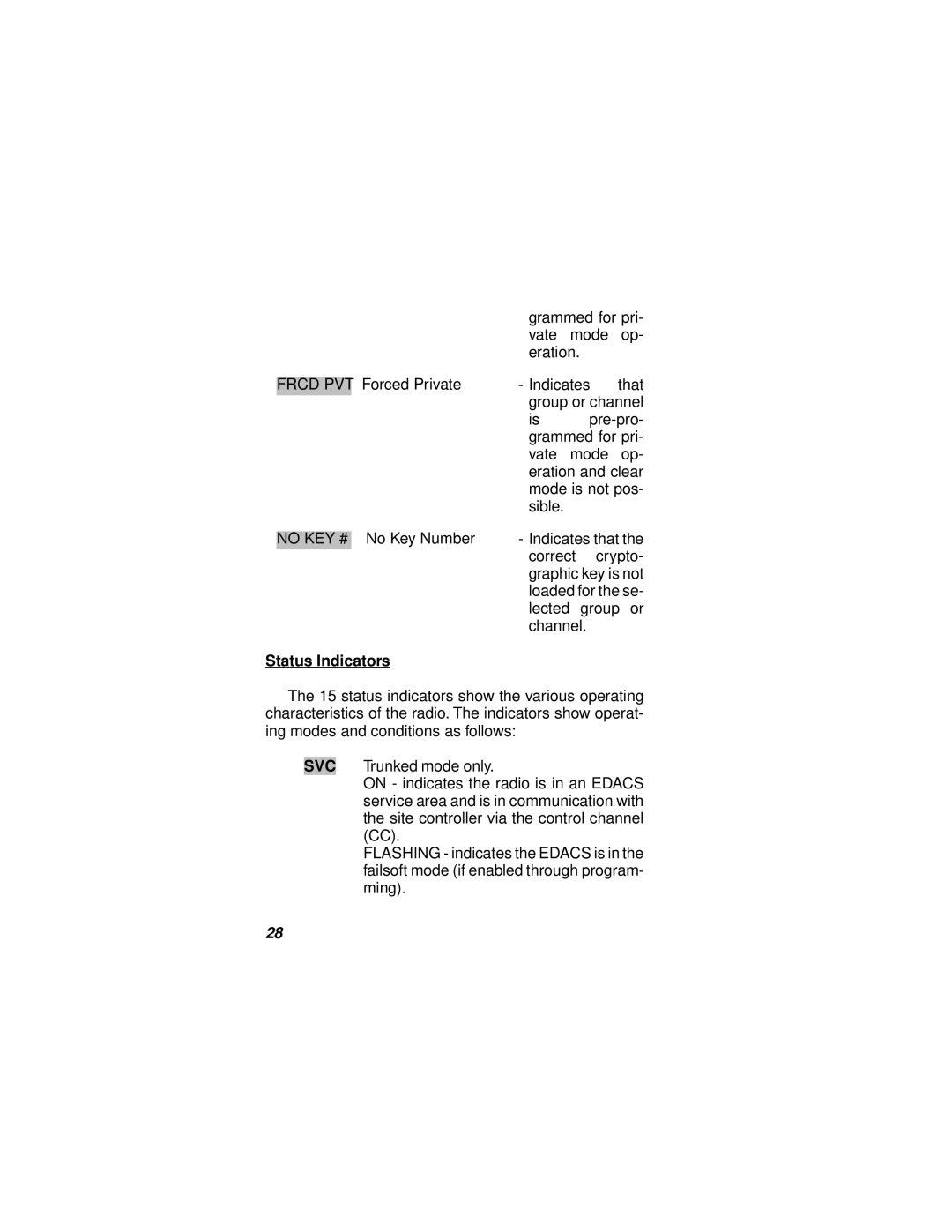 Ericsson LBI-38732E manual Frcd PVT, Status Indicators 