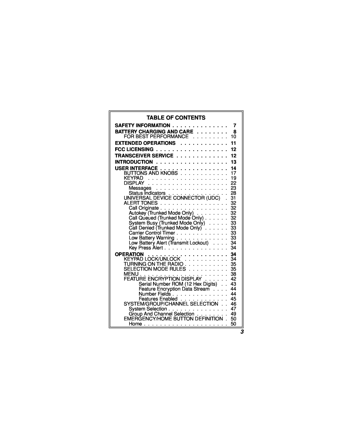 Ericsson LBI-38732E Table Of Contents, Safety Information, Battery Charging And Care, Extended Operations, Fcc Licensing 