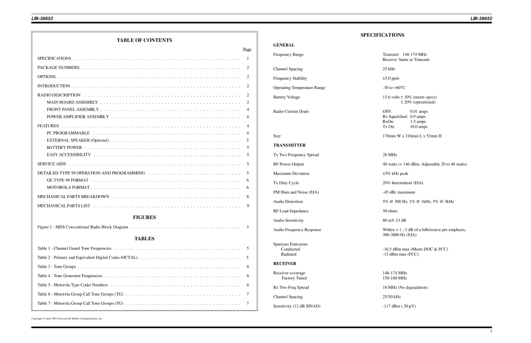 Ericsson LBI-38756 manual Table of Contents, Tables, Specifications 