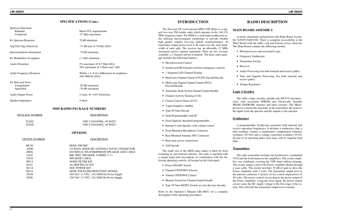 Ericsson LBI-38756 manual Introduction, Radio Description, MDS Radio Package Numbers, Options, Main Board Assembly 