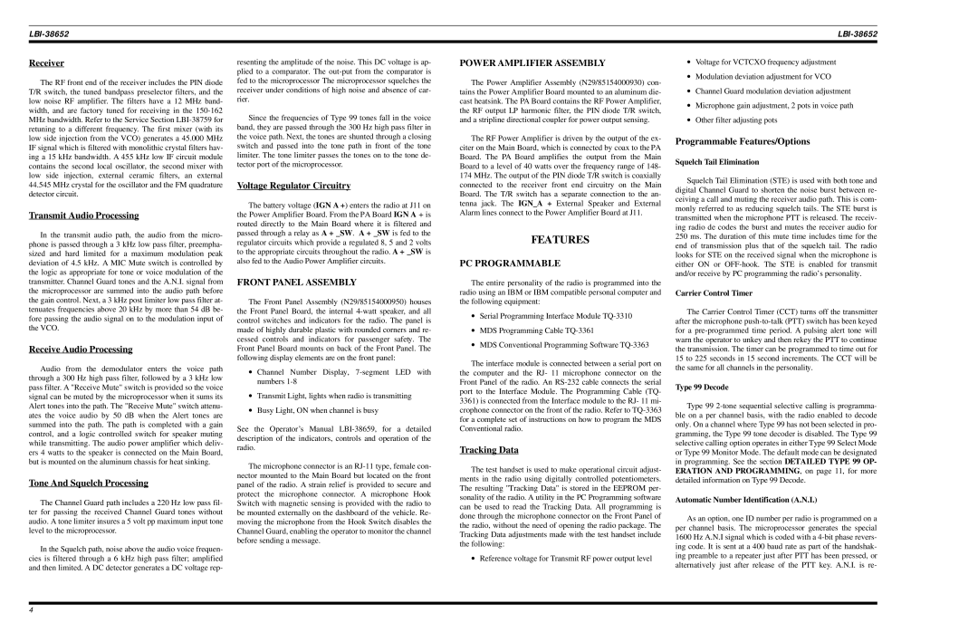 Ericsson LBI-38756 manual Features, Front Panel Assembly, Power Amplifier Assembly, PC Programmable 