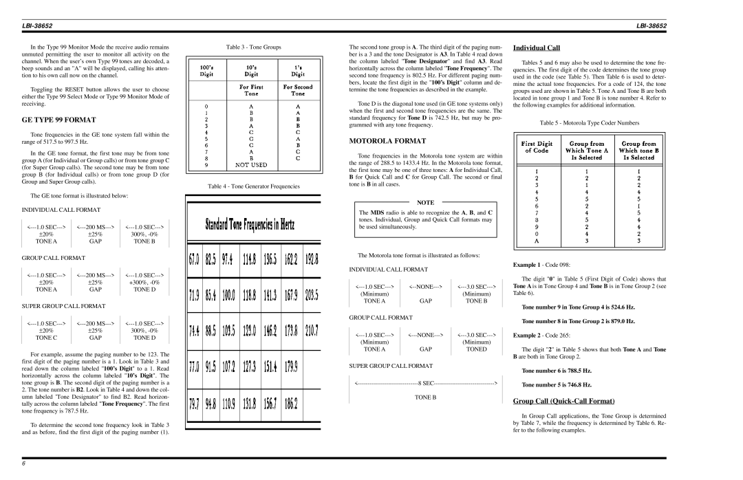 Ericsson LBI-38756 manual GE Type 99 Format, Individual Call, Motorola Format, Group Call Quick-Call Format 