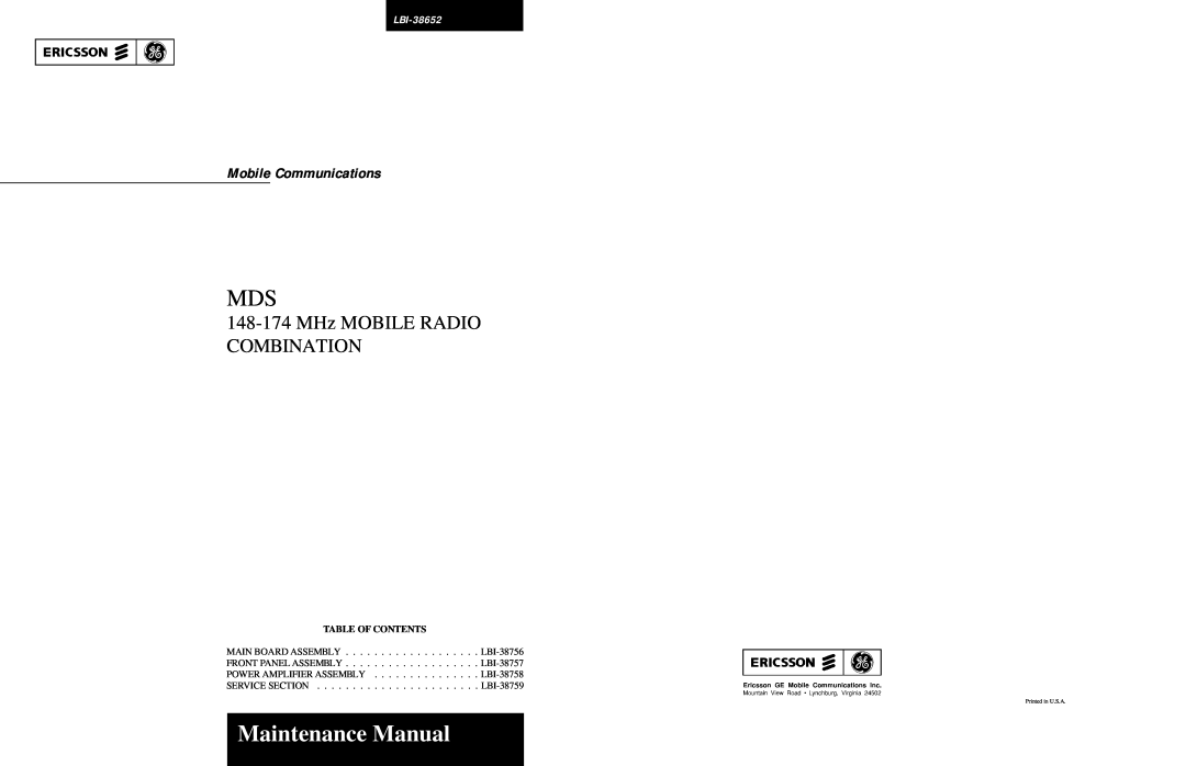 Ericsson LBI-38756 manual Maintenance Manual, 148-174MHz MOBILE RADIO COMBINATION, Mobile Communications, LBI-38652 