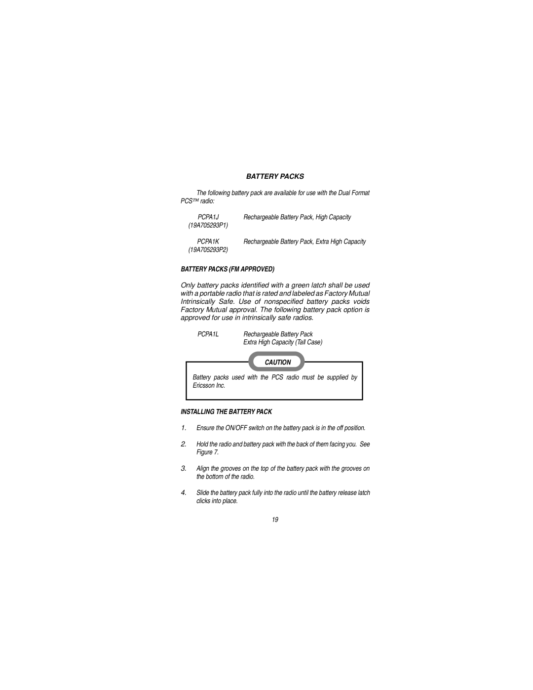 Ericsson LBI-38823D manual Battery Packs FM Approved, Installing the Battery Pack 