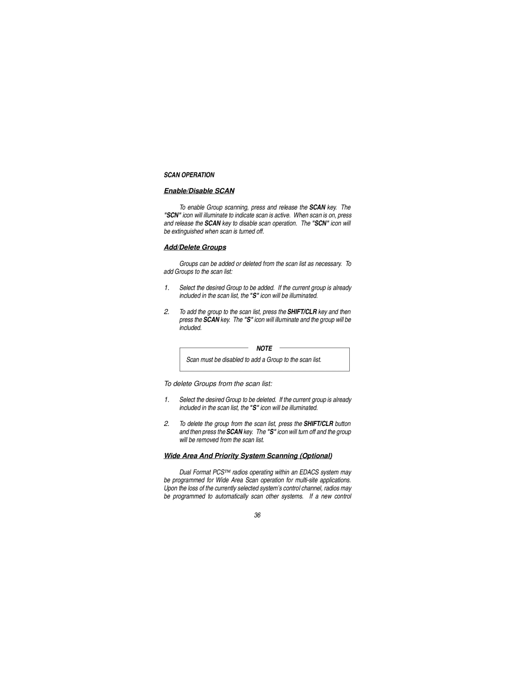 Ericsson LBI-38823D manual Scan Operation, Enable/Disable Scan, Add/Delete Groups 