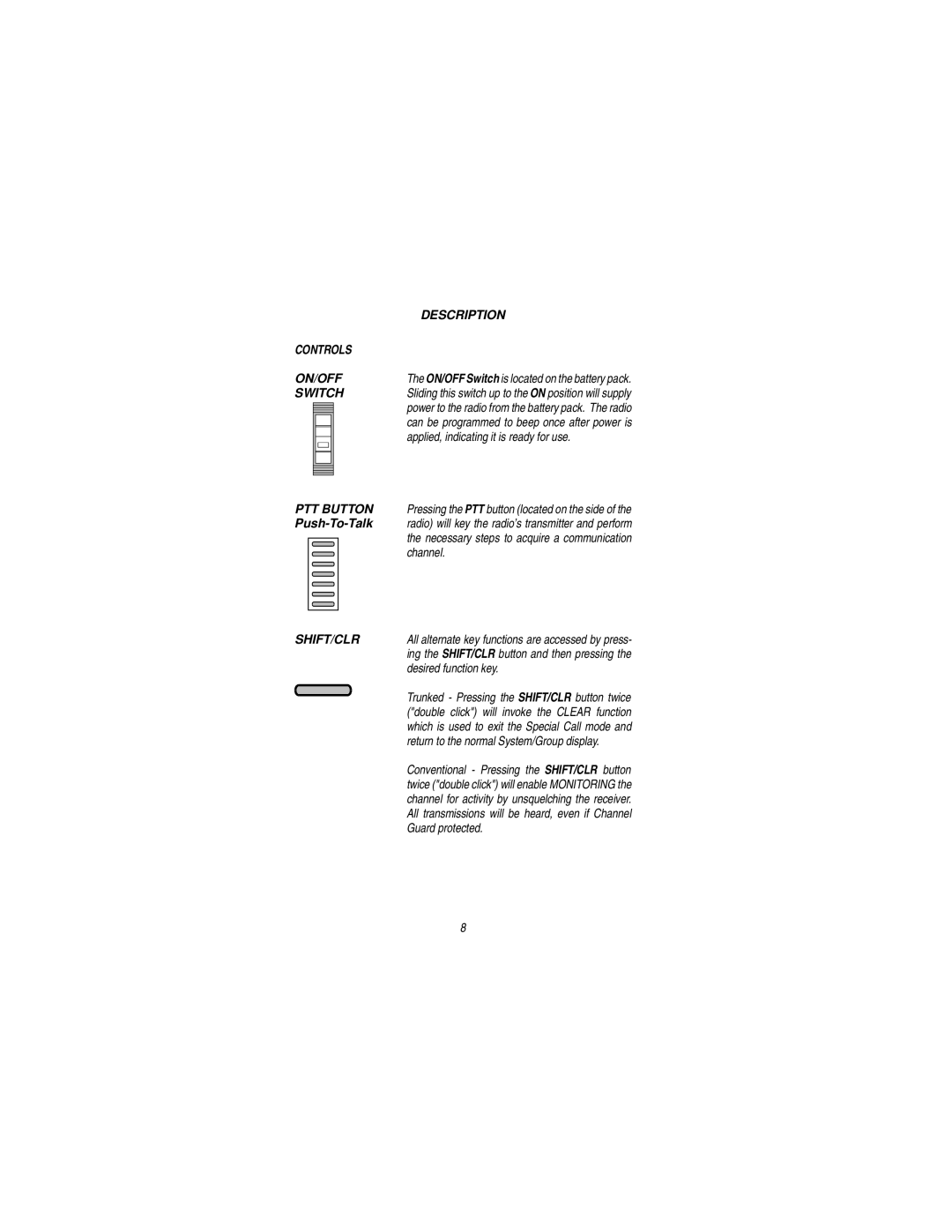 Ericsson LBI-38823D manual Description, Controls ON/OFF, Switch, PTT Button, Shift/Clr 