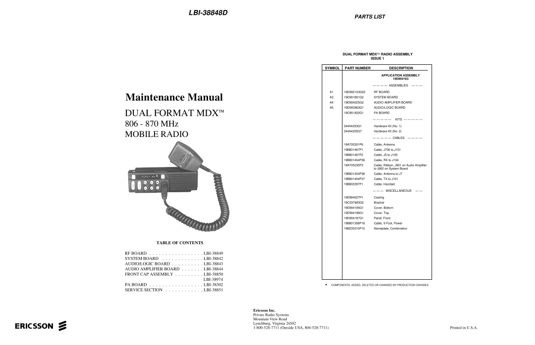 Ericsson LBI-38848D manual Maintenance Manual, Table of Contents 