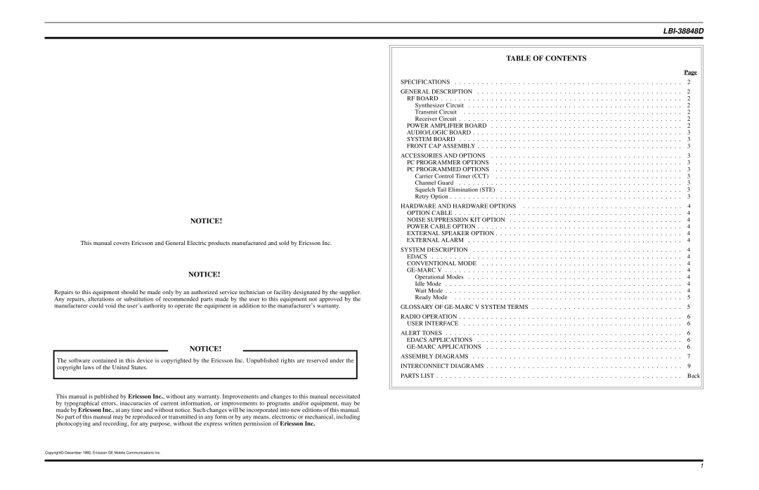 Ericsson LBI-38848D manual Table of Contents 