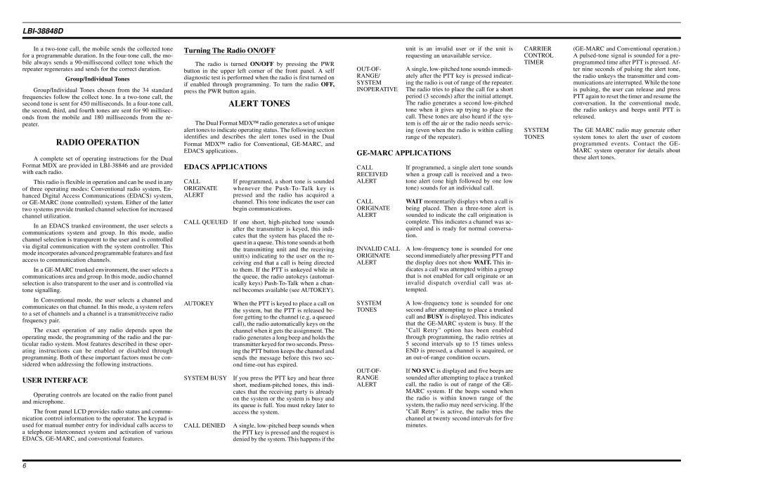 Ericsson LBI-38848D manual Radio Operation, Alert Tones, User Interface, Edacs Applications, GE-MARC Applications 