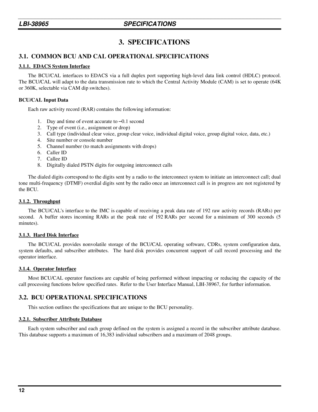 Ericsson LBI-38965B installation manual Common BCU and CAL Operational Specifications, BCU Operational Specifications 