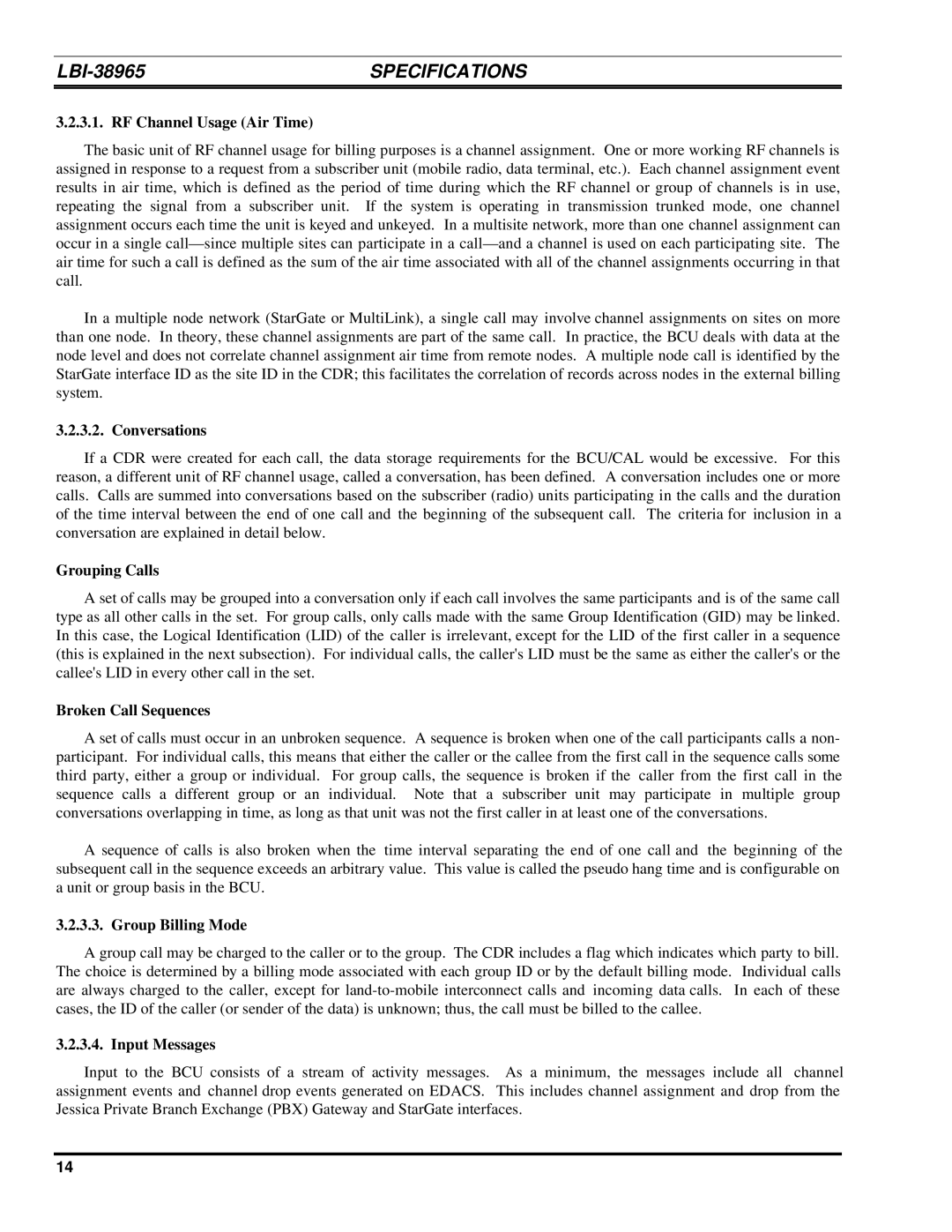 Ericsson LBI-38965B RF Channel Usage Air Time, Conversations, Grouping Calls, Broken Call Sequences, Group Billing Mode 