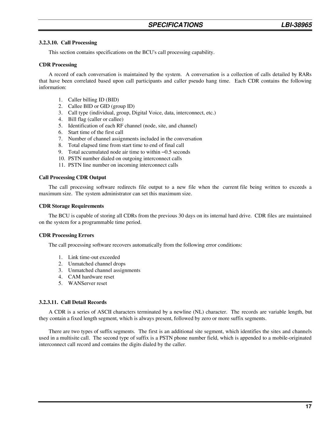 Ericsson LBI-38965B installation manual Call Processing CDR Output, CDR Storage Requirements, CDR Processing Errors 