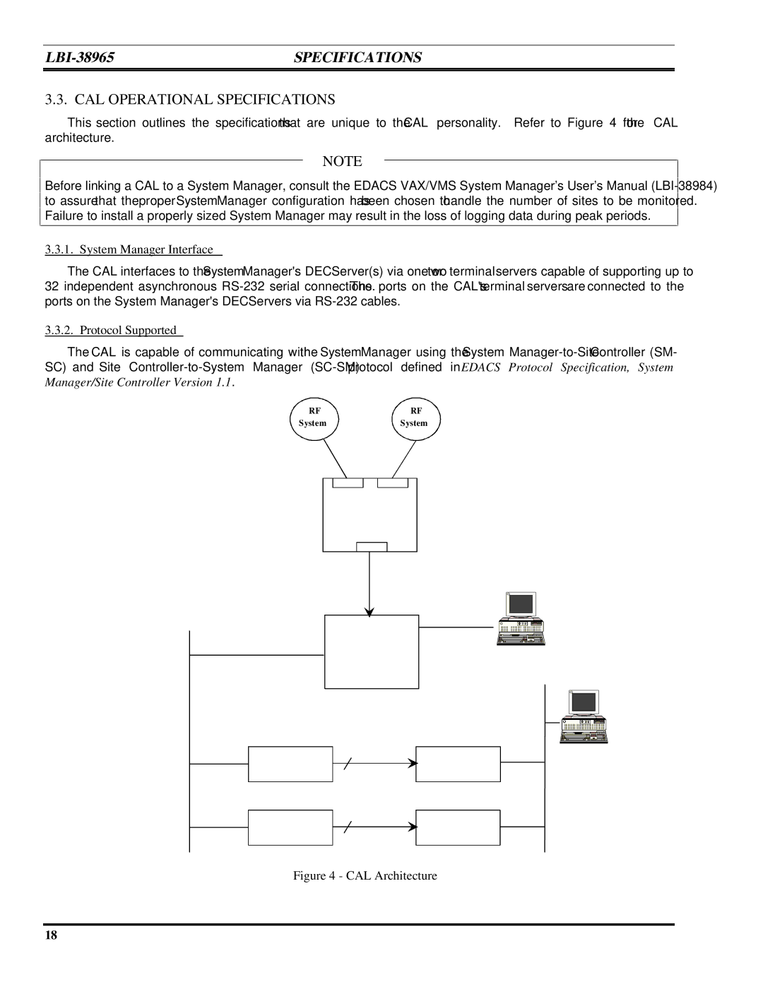 Ericsson LBI-38965B installation manual CAL Operational Specifications, System Manager Interface, Protocol Supported 