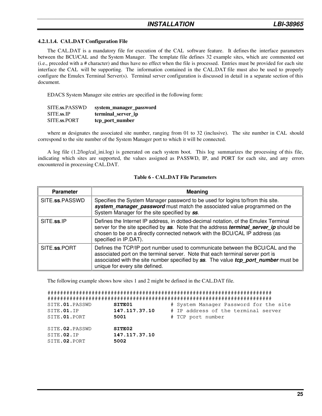 Ericsson LBI-38965B installation manual CAL.DAT Configuration File, CAL.DAT File Parameters 