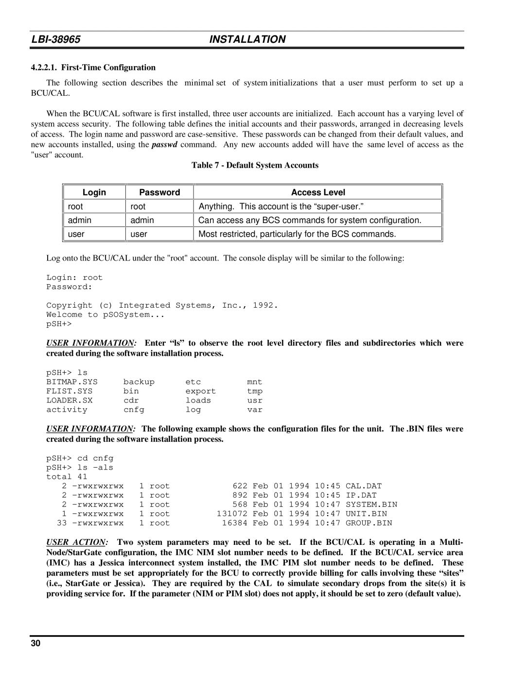 Ericsson LBI-38965B installation manual Default System Accounts, Login, Password, Access Level 