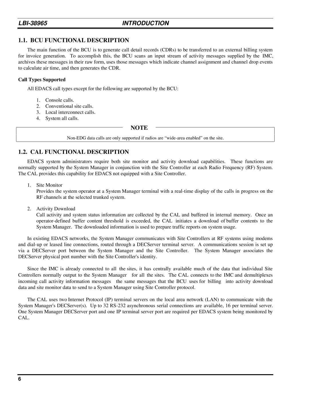 Ericsson LBI-38965B installation manual BCU Functional Description, CAL Functional Description, Call Types Supported 