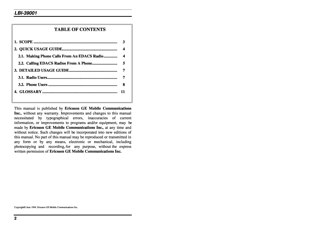 Ericsson LBI-39001 manual Table Of Contents 