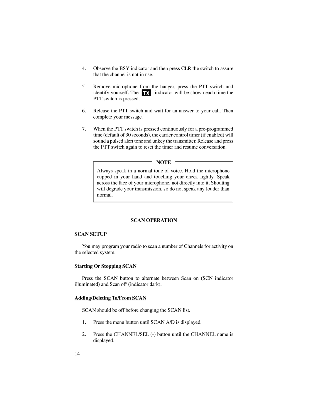 Ericsson LBI-39012A manual Scan Operation Scan Setup, Starting Or Stopping Scan, Adding/Deleting To/From Scan 