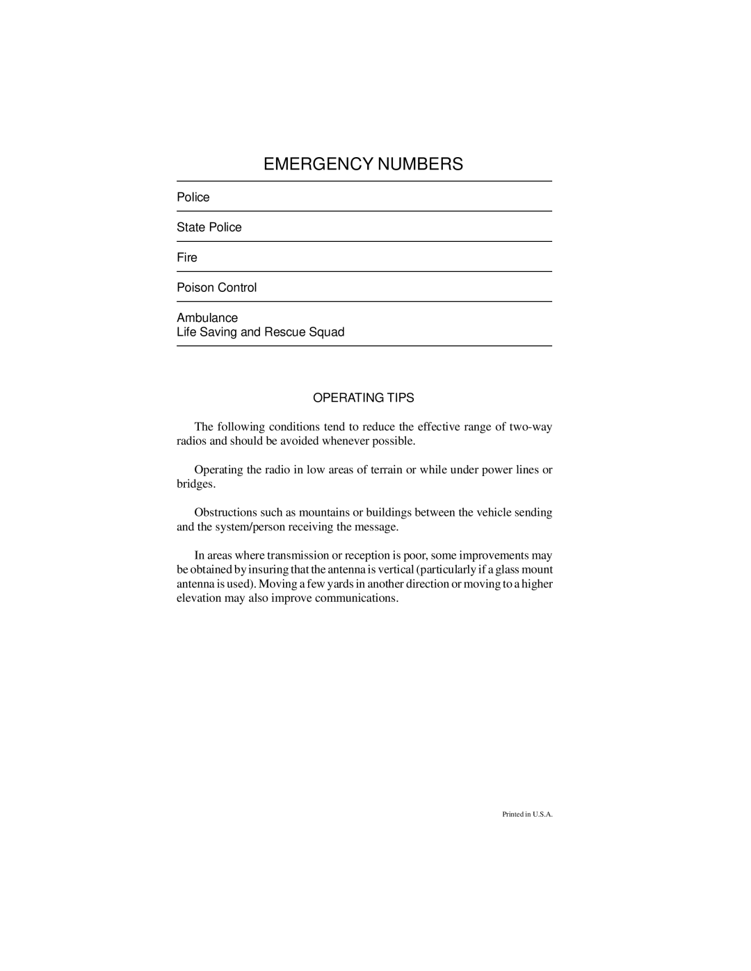 Ericsson LBI-39012A manual Emergency Numbers, Operating Tips 