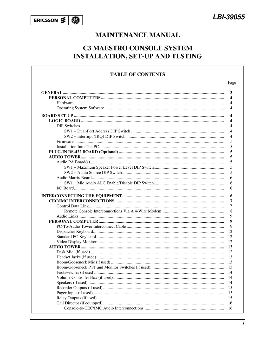 Ericsson LBI-39055 manual Table of Contents 