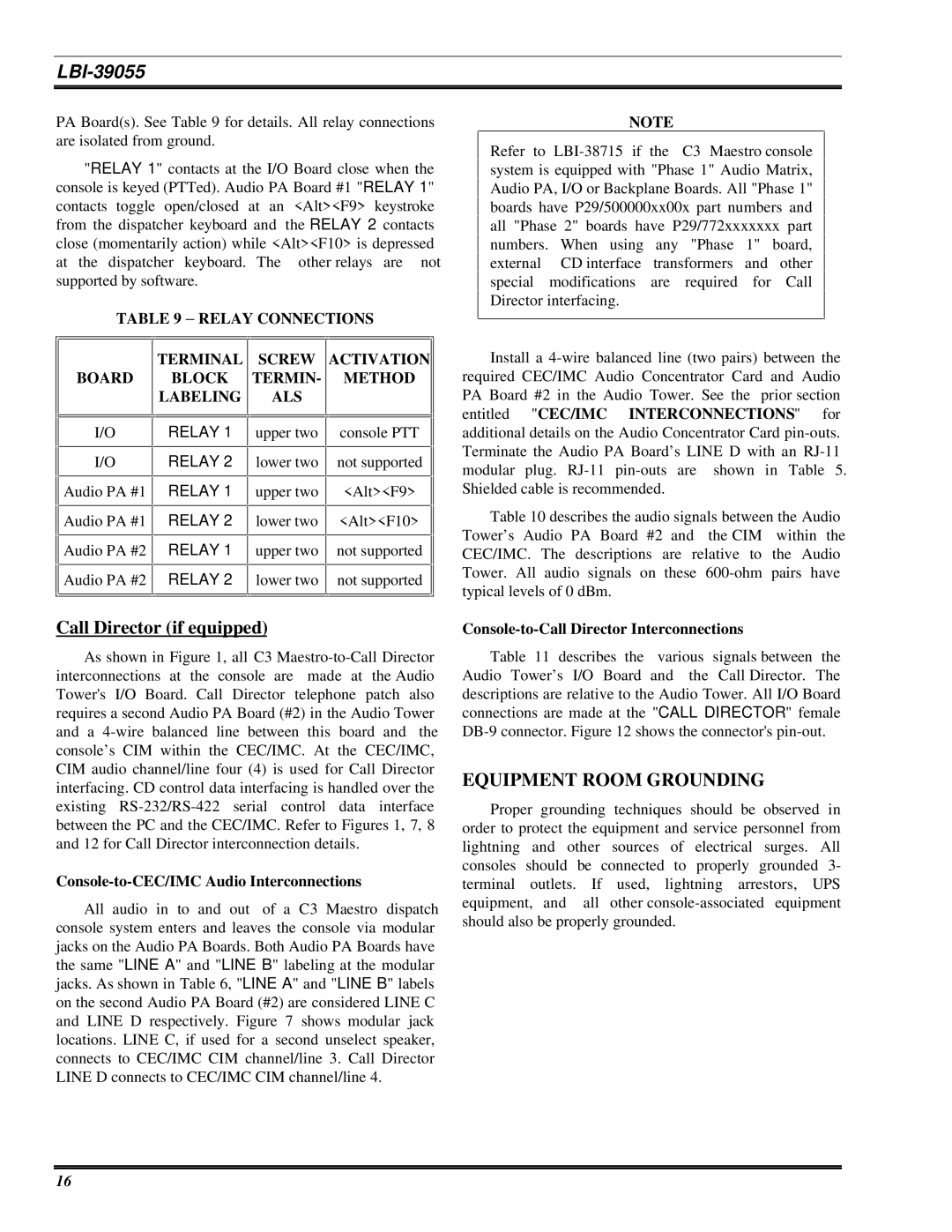 Ericsson LBI-39055 manual Call Director if equipped, Equipment Room Grounding, Console-to-CEC/IMC Audio Interconnections 