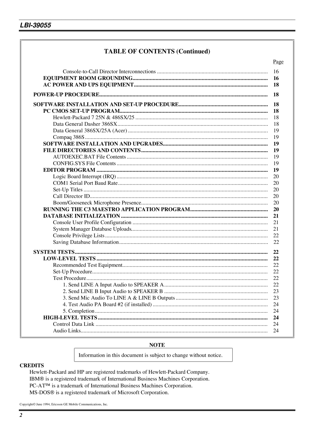 Ericsson LBI-39055 manual Table of Contents 