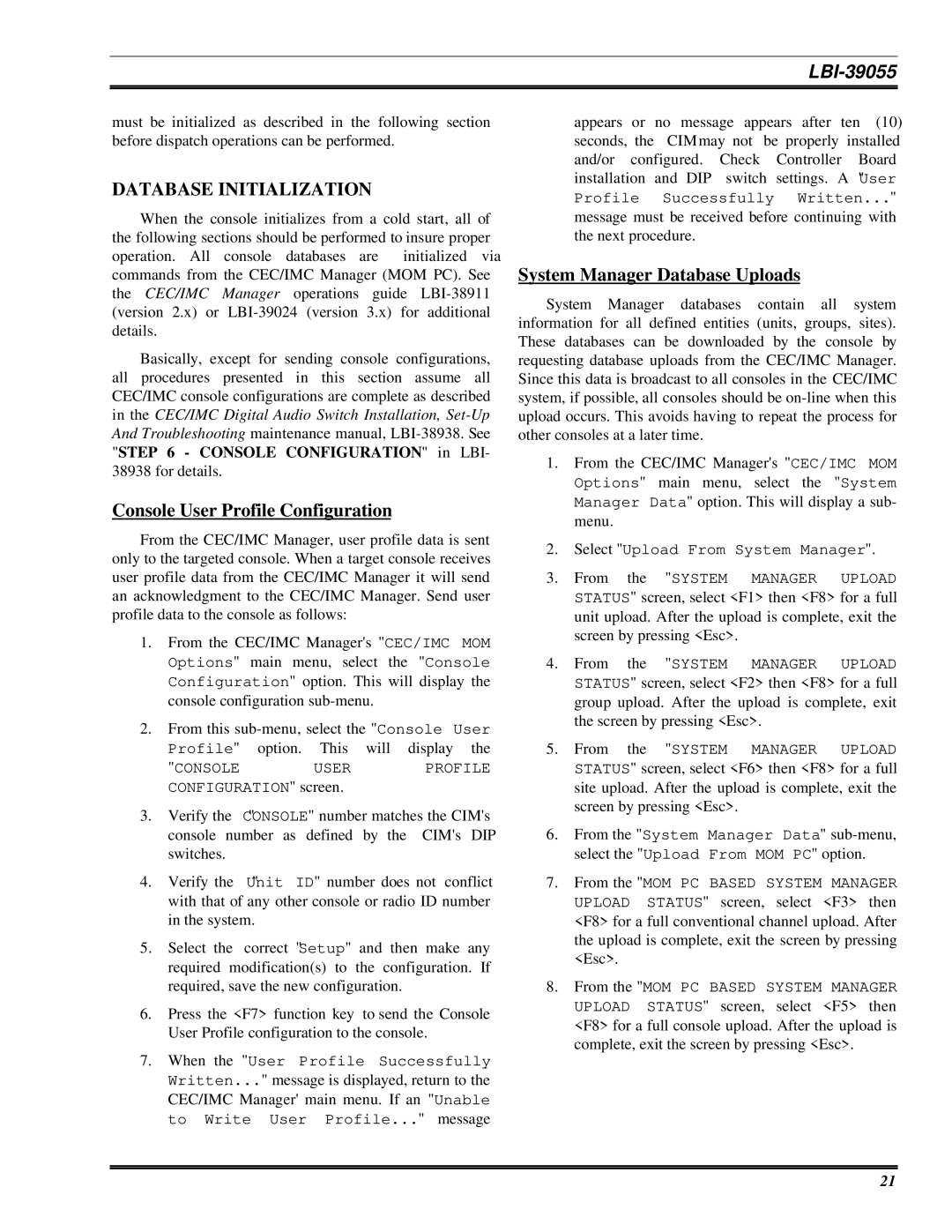 Ericsson LBI-39055 manual Database Initialization, Console User Profile Configuration, System Manager Database Uploads 