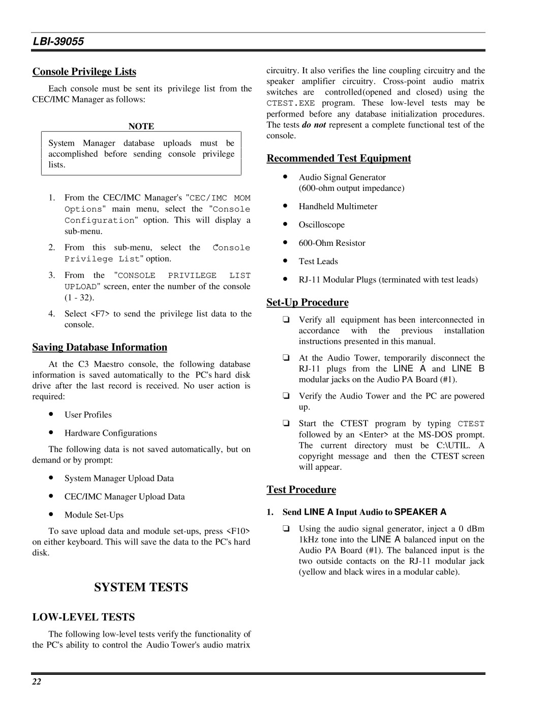 Ericsson LBI-39055 manual System Tests, LOW-LEVEL Tests 