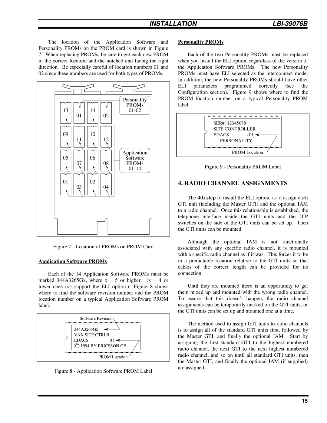 Ericsson LBI-39076B system manual Radio Channel Assignments, Application Software PROMs, Personality PROMs 