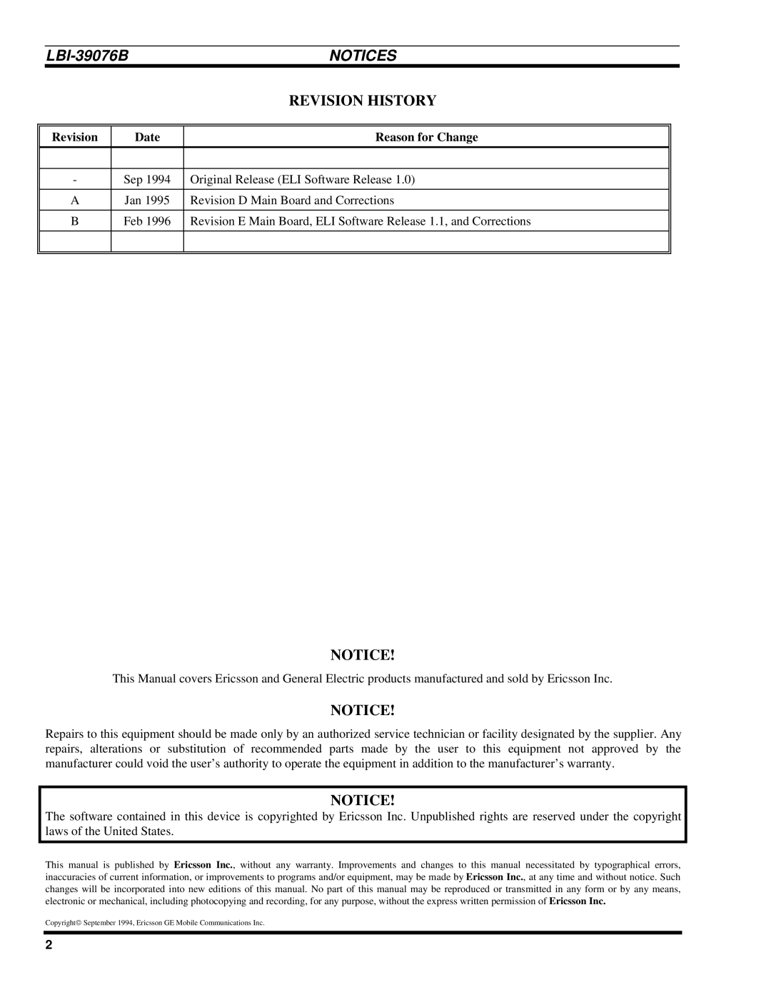 Ericsson LBI-39076B system manual Revision History, Revision Date Reason for Change 