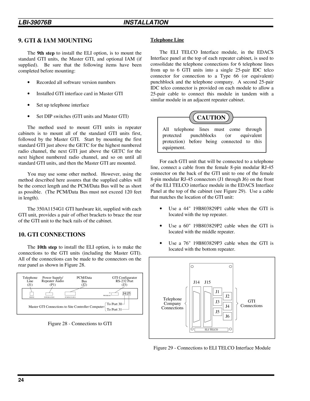 Ericsson LBI-39076B system manual GTI & IAM Mounting, GTI Connections, Telephone Line 