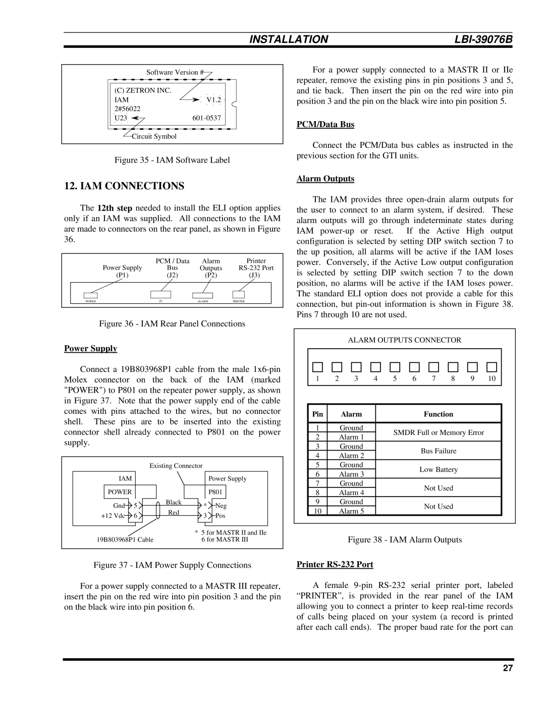 Ericsson LBI-39076B system manual IAM Connections, Power Supply, Alarm Outputs, Printer RS-232 Port 