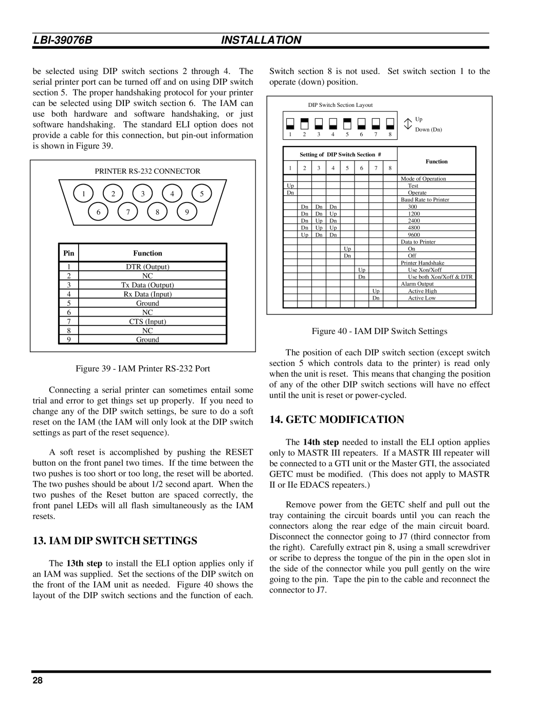 Ericsson LBI-39076B system manual IAM DIP Switch Settings, Getc Modification 