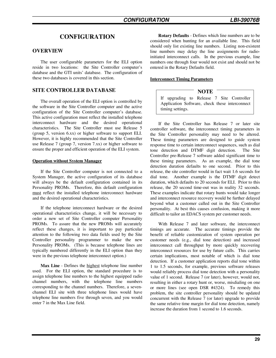 Ericsson LBI-39076B system manual Configuration, Site Controller Database, Interconnect Timing Parameters 