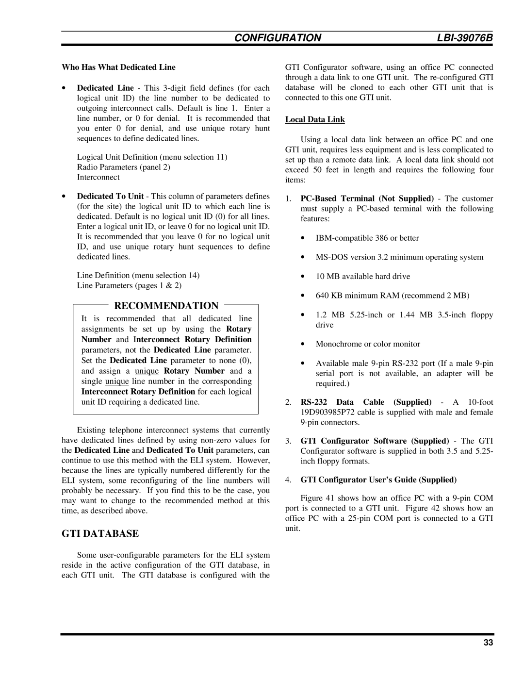 Ericsson LBI-39076B system manual Recommendation, GTI Database 